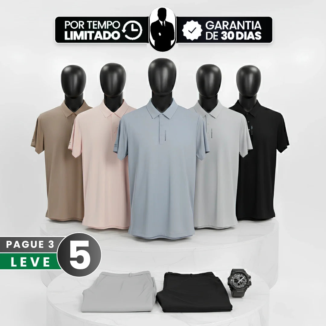 [Leve 5, Pague Só 3] Camisa Polo Varex em Seda Gelada, Poliéster e Spandex + 2 Calças e Relógio GRÁTIS!