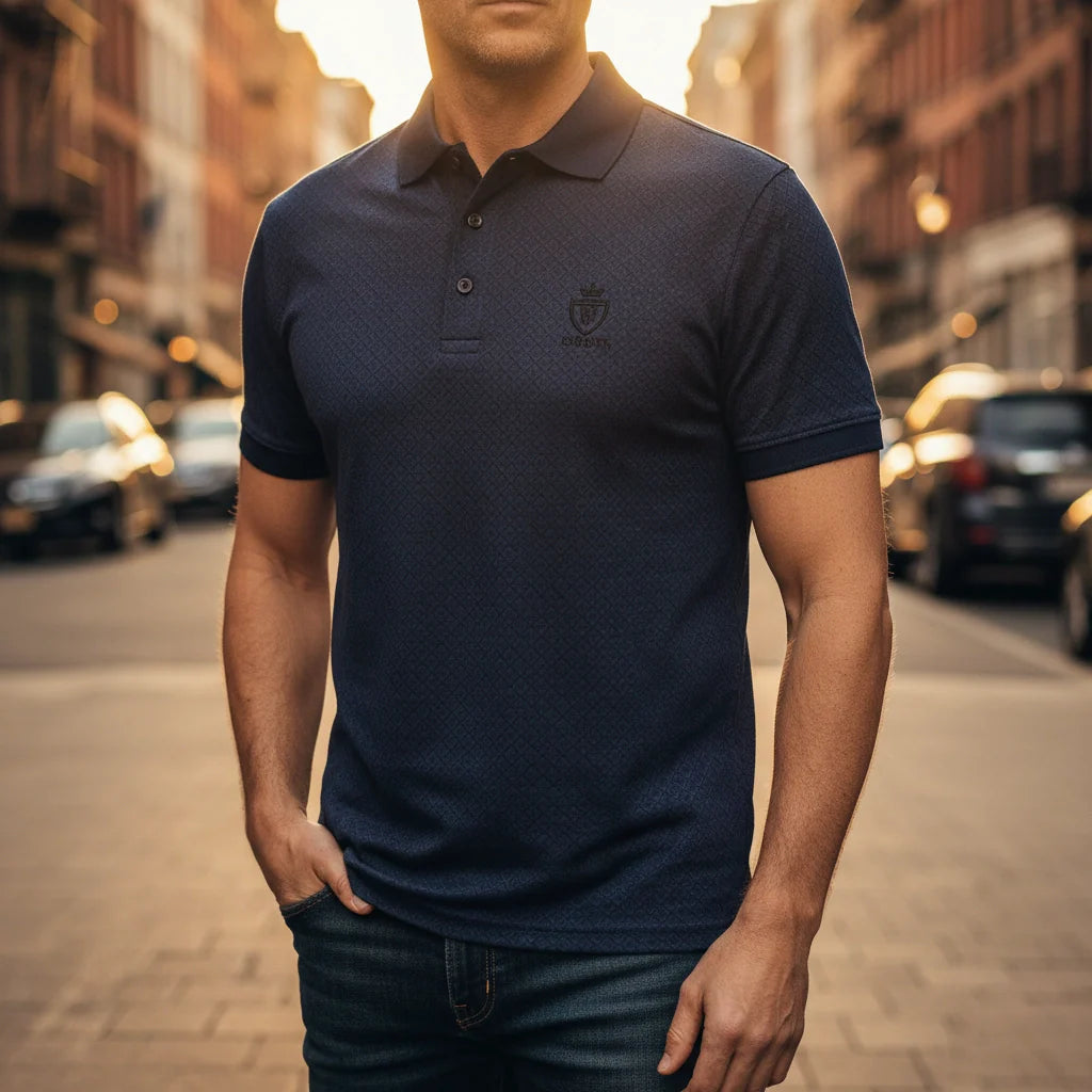 [Leve 6, Pague Só 3] Camisa Polo Ventura Masculina em Algodão, Poliéster e Elastano com Microtextura Geométrica, Botões Frontais e Logo Bordado + BRINDES