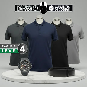[Leve 4, Pague Só 2] Camisa Polo Masculina Drax de Manga Curta em Poliéster e Elastano com Forro Térmico + Relógio e Cinto GRÁTIS